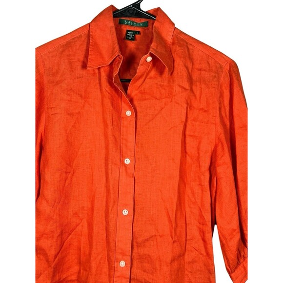 Lauren Ralph Lauren Women Linen Puff-Sleeve Blouse Sz Small Sunset Orange Casual - Picture 2 of 8